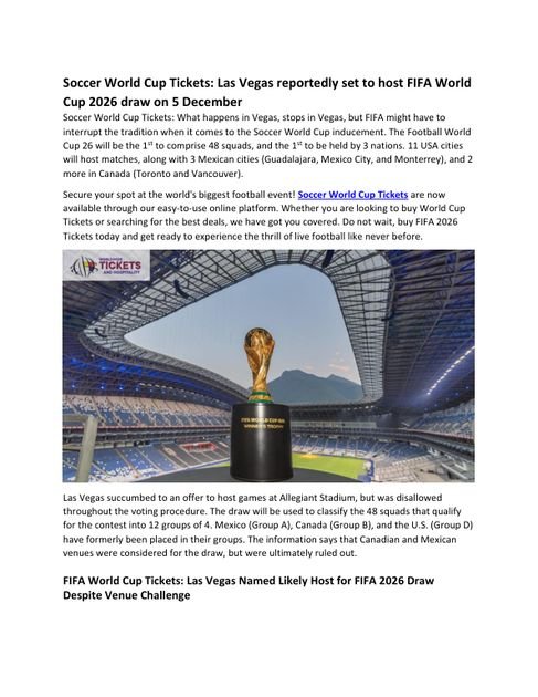 Soccer World Cup Tickets: Las Vegas reportedly set to host FIFA World Cup 2026 draw on 5 December