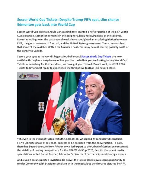 Soccer World Cup Tickets: Despite Trump-FIFA spat, slim chance Edmonton gets back into World Cup