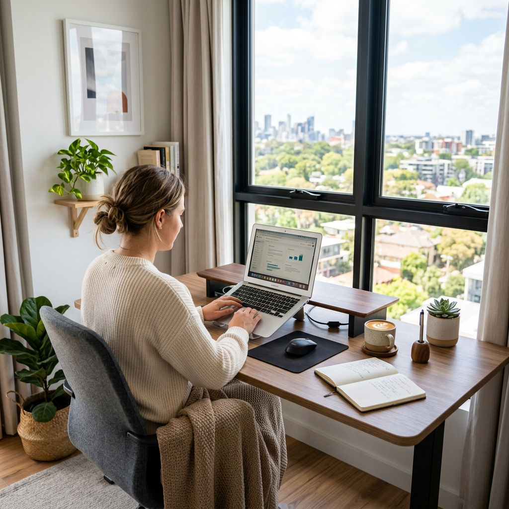 Woman typing on laptop at desk with notebook, coffee, and plants by window